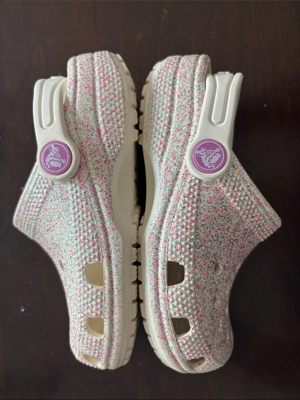 CROCS Kids Glitter Clogs in Pink, White & Green Sparkle